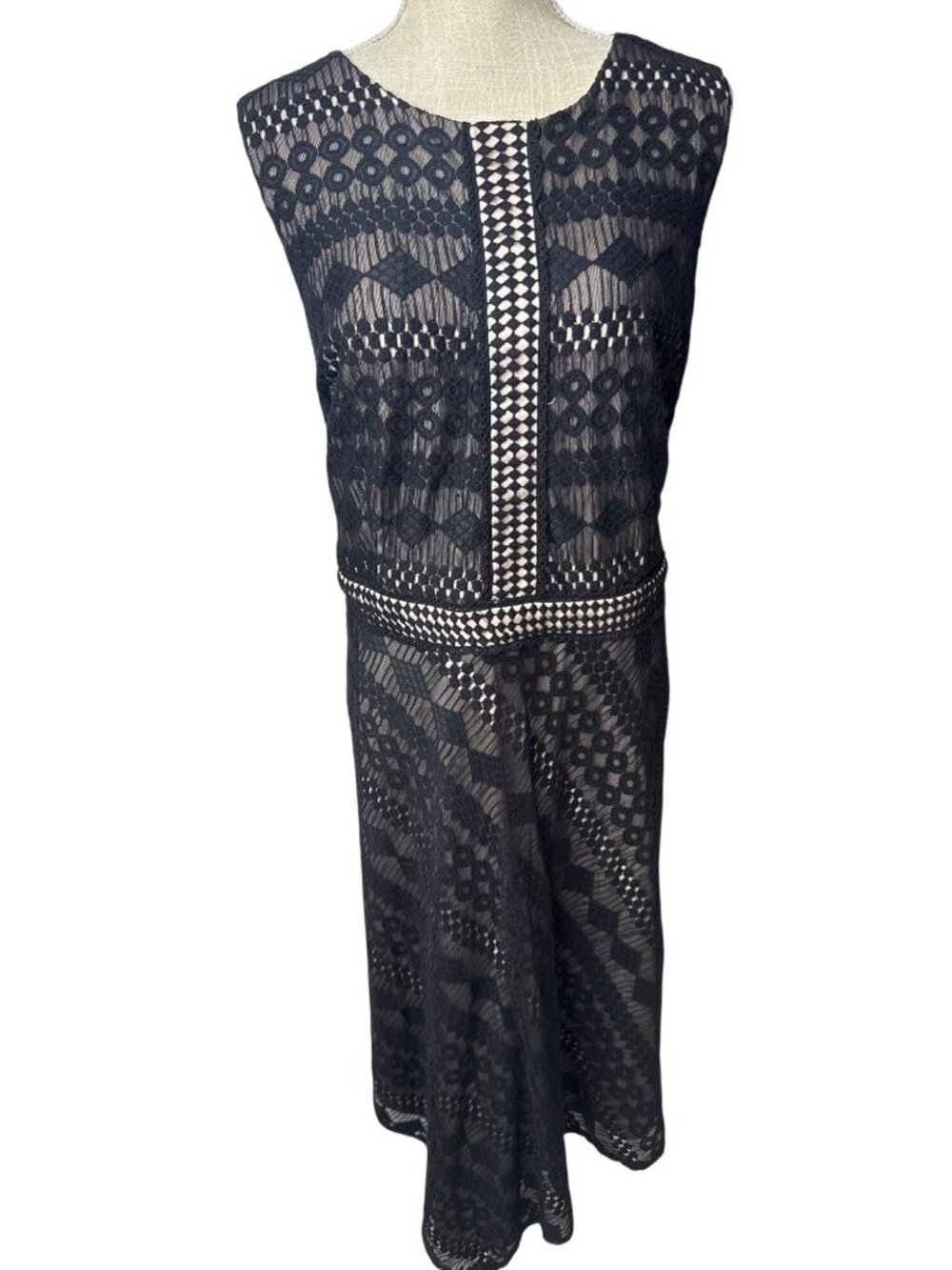 London Times Black Lace Sleeveless Dress Size 18W Geometric Pattern Sheer Overla